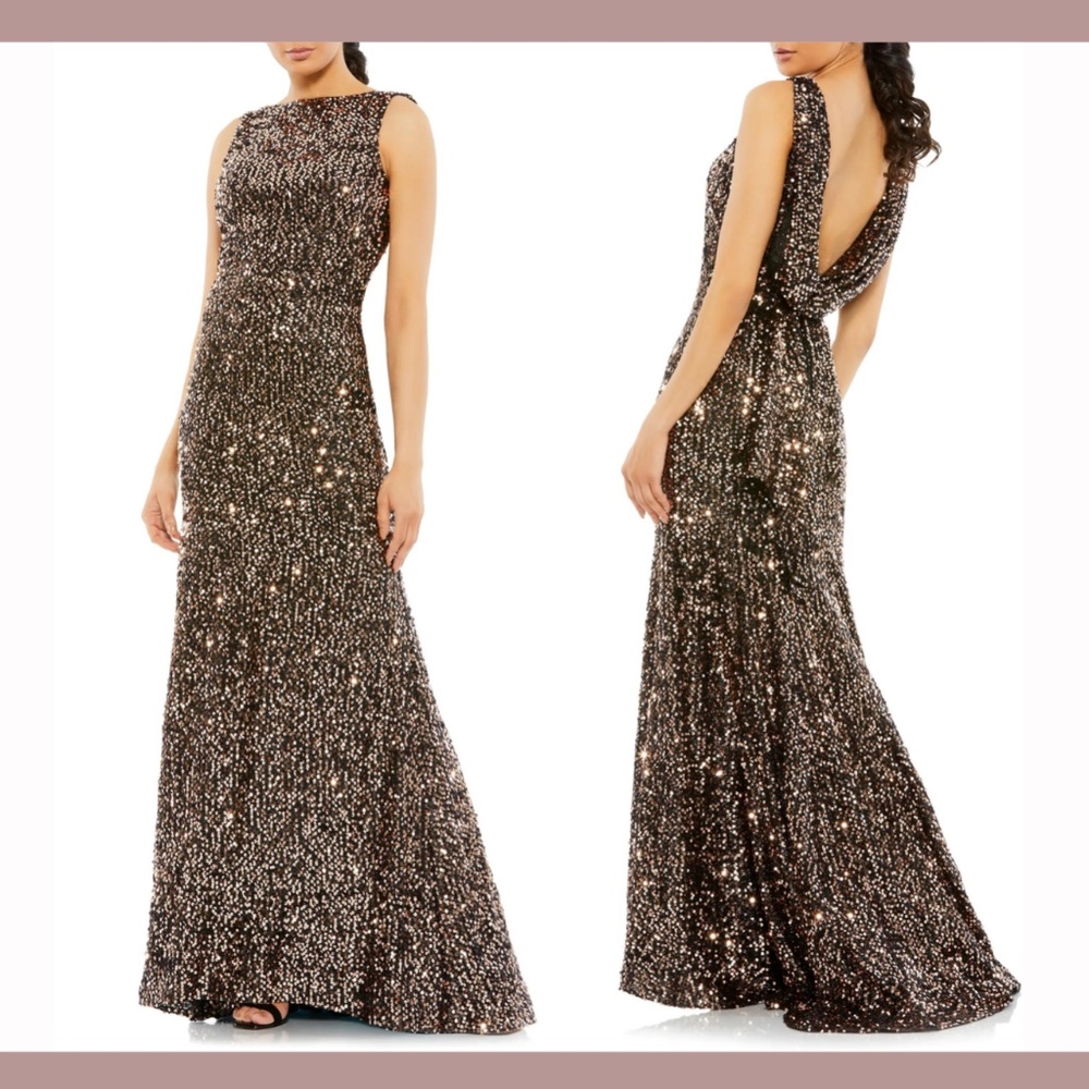 NWT $398 IEENA for Mac Duggal [‎ 8 ] Sequin Drape Back Gown in Bronze